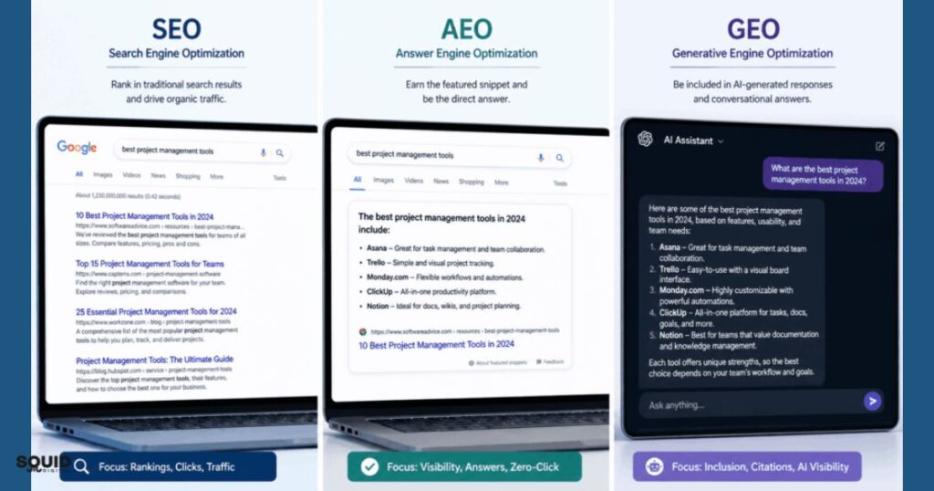 2 seo vs aeo vs geo comparison squid digital agency sydney new
