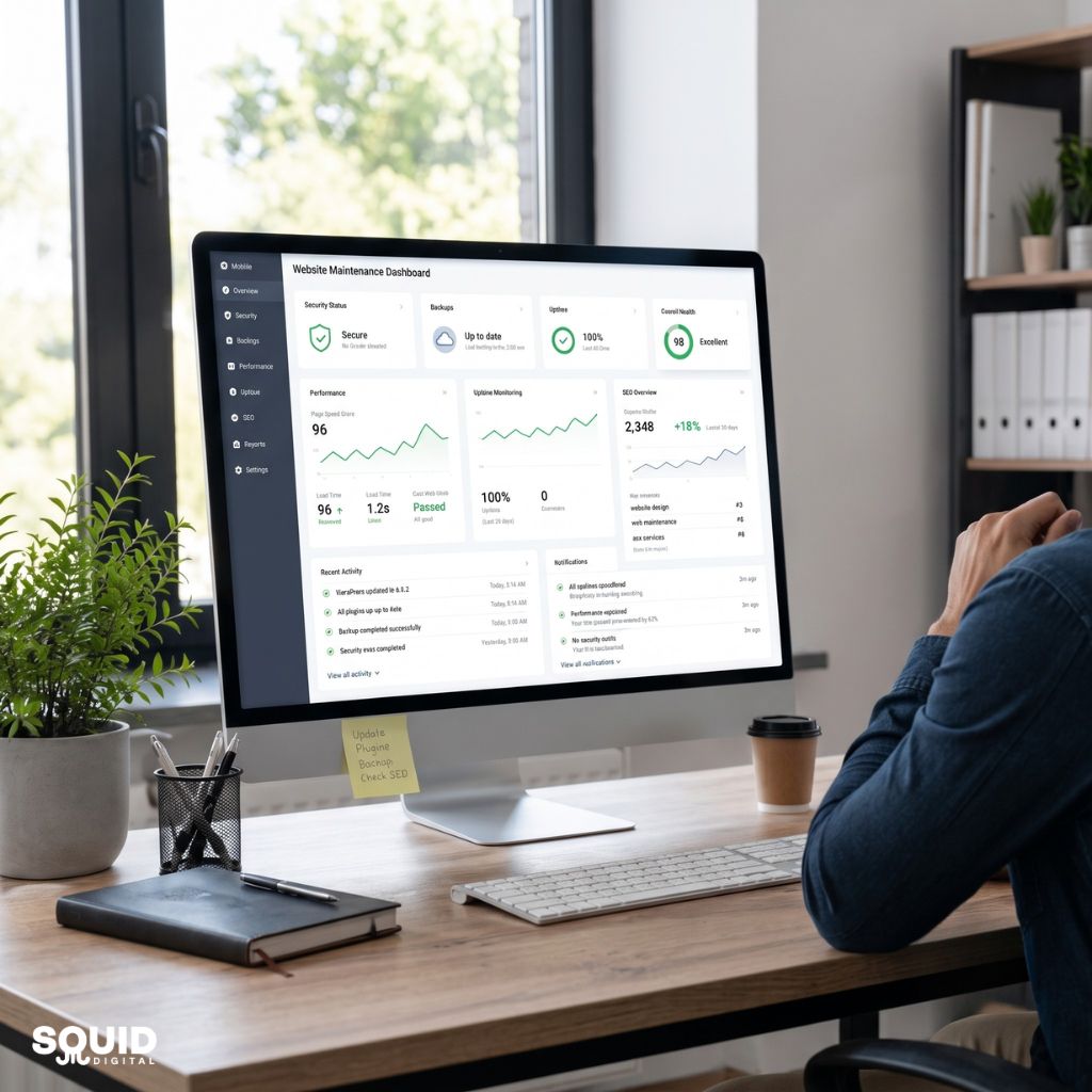 What Does Website Maintenance Include - Small business owner reviewing website maintenance metrics and website performance data.