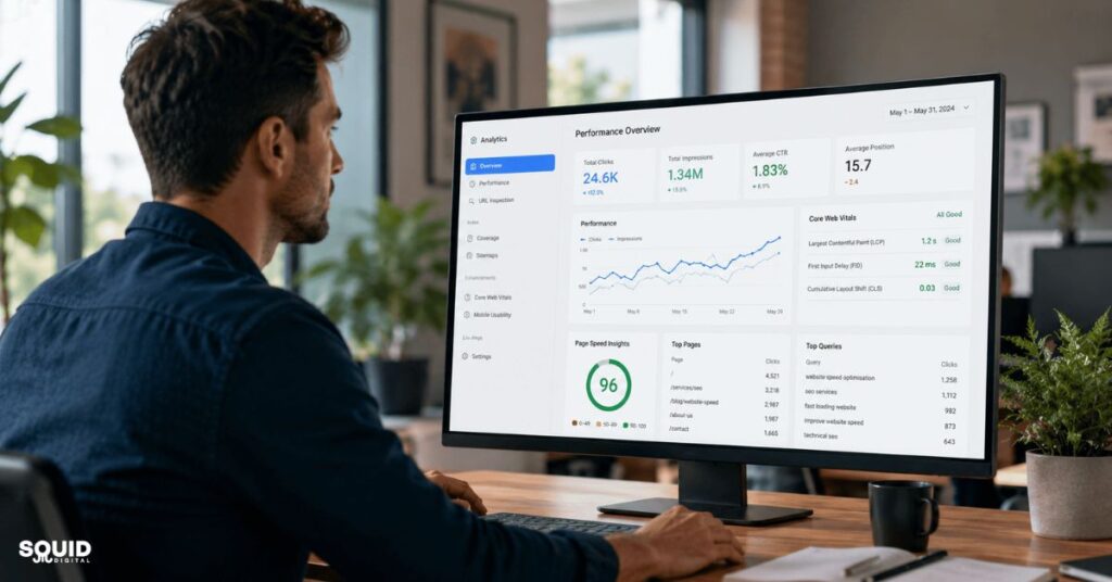 Managed Hosting vs Cheap Shared Hosting: Practical Business Benefits 2 Business owner reviewing managed hosting website speed and SEO performance