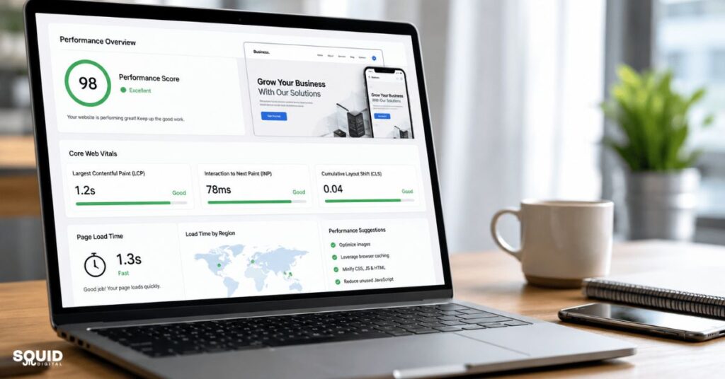 Essential Technical SEO Guide for Growing Businesses 2 Technical SEO website speed optimisation with Core Web Vitals performance indicators