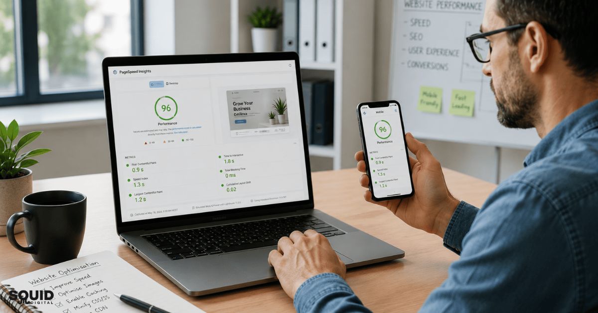 Proven Web Speed Optimisation Methods to Improve Performance 4 Small business owner reviewing web speed optimisation results on mobile and desktop