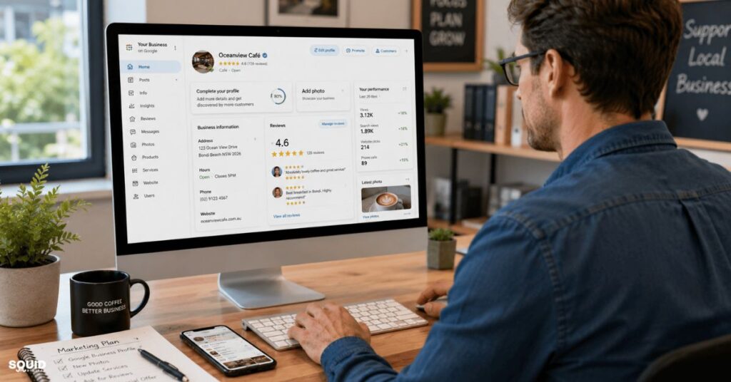 Practical Local SEO Strategy for Small Business Growth 3 Business owner optimising a local SEO strategy for small business through profile management and customer reviews.