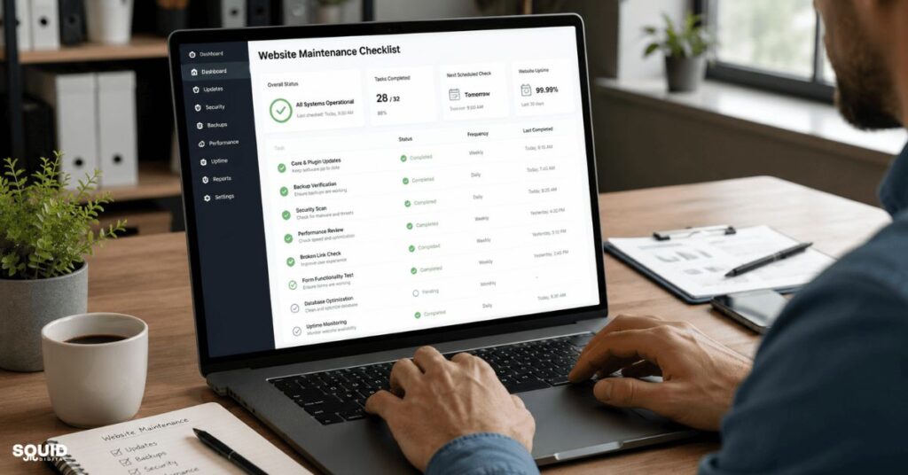 What Does Website Maintenance Include? Critical Services for Long-Term Website Success 3 Business owner completing a website maintenance checklist to keep a website running smoothly.