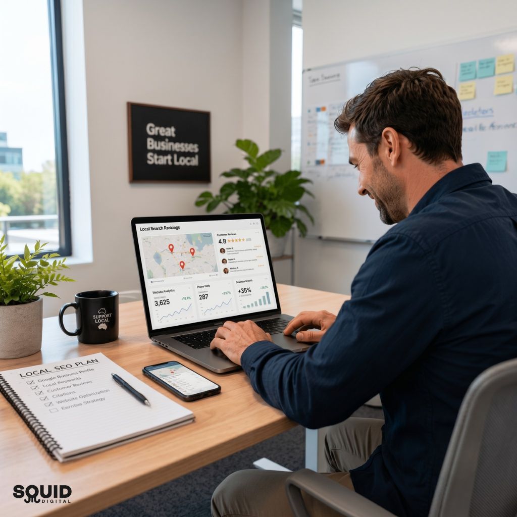 Small business owner implementing a local SEO strategy for small business growth using local search and Google Maps insights.