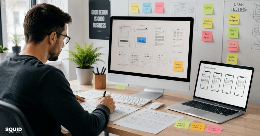 How UX Design Improves Conversions for Better Customer Engagement 3 UX specialist implementing website improvements that help improve conversions and user experience.