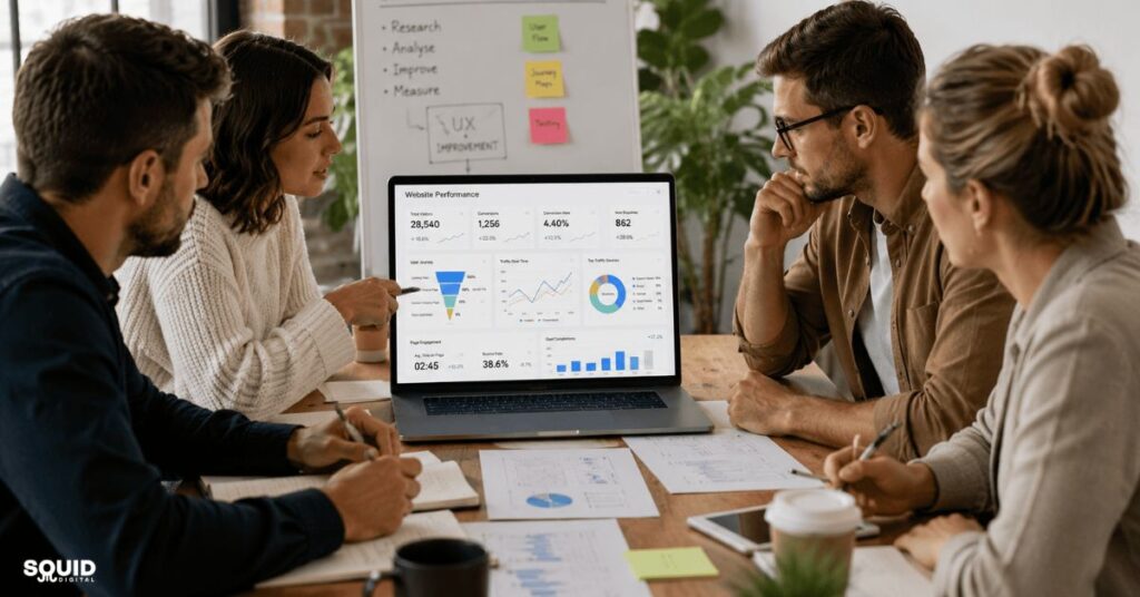 How UX Design Improves Conversions for Better Customer Engagement 5 Small business team discussing how UX design improves conversions and customer engagement.