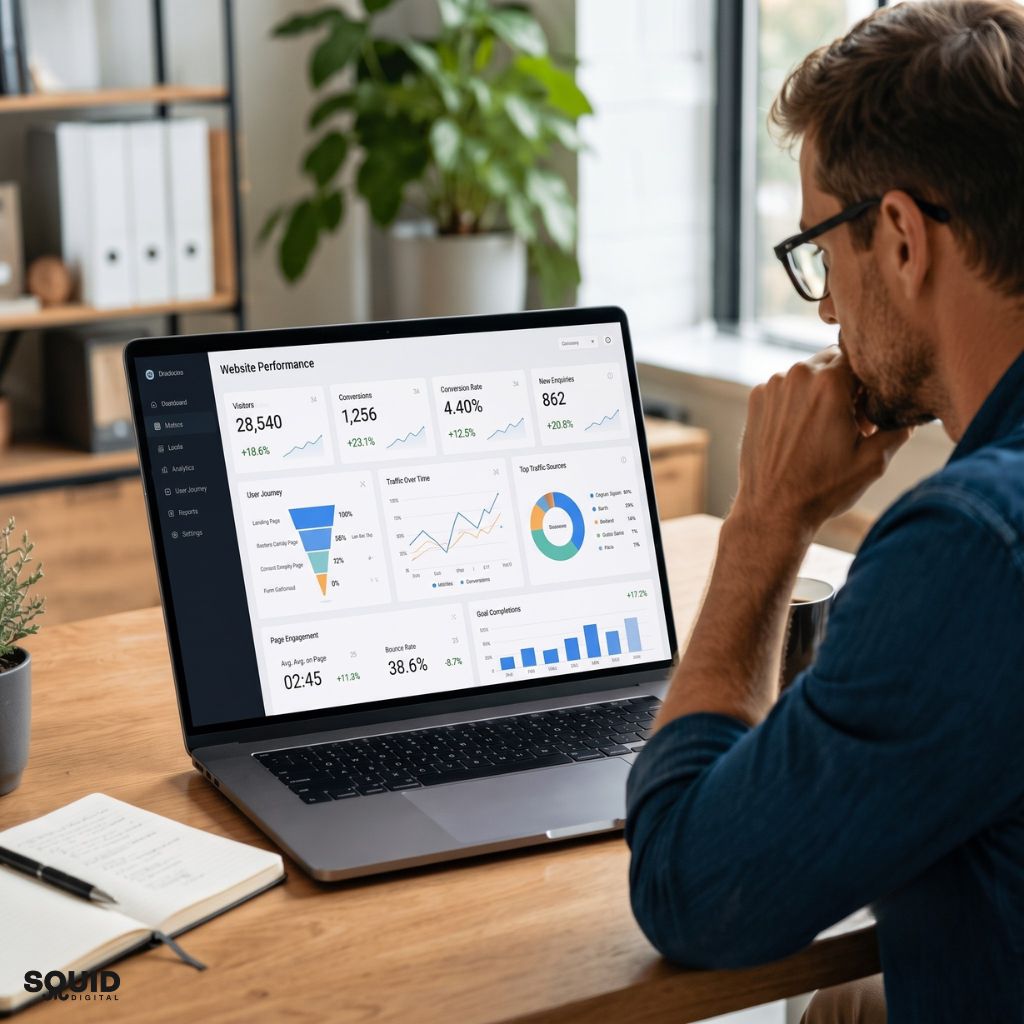 Business owner reviewing analytics demonstrating how UX design improves conversions and customer engagement.