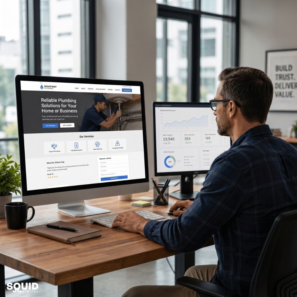 The Pod 76 Small business owner reviewing website design for service businesses to improve customer enquiries and growth.