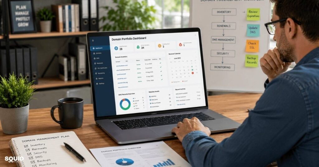 How to Manage Business Domains: Proven Small Business Guide 3 Business owner following a process for how to manage business domains and digital assets