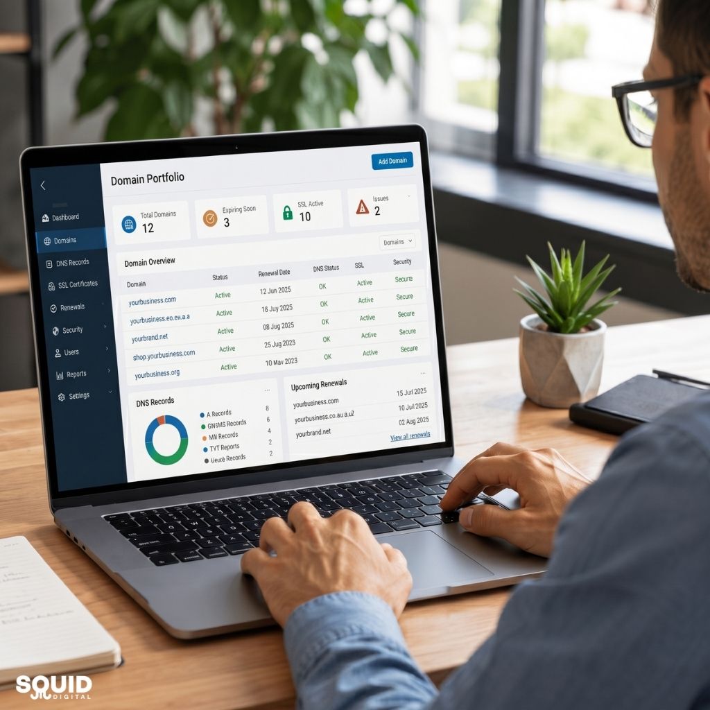 The Pod 75 Small business owner learning how to manage business domains using a domain management dashboard